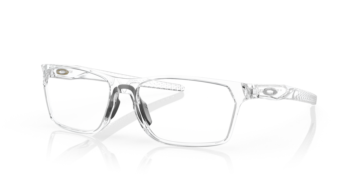 Oakley OX8032 06 polished clear eyeglasses 55mm angled view