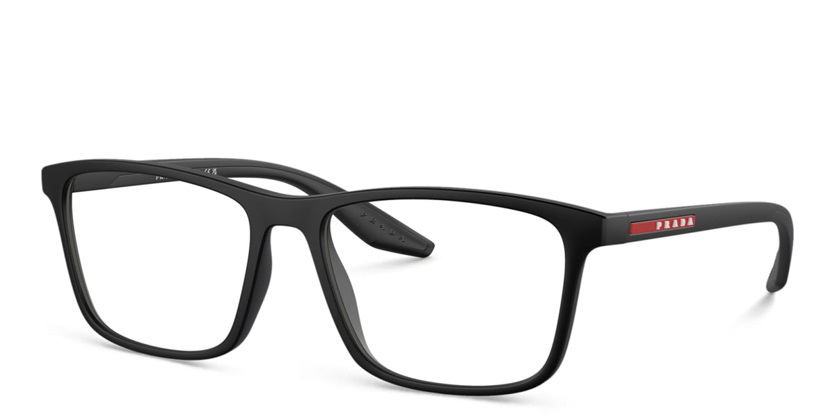Prada Linea Rossa PS01QV DG01O1 black rubber eyeglasses 56mm angled view