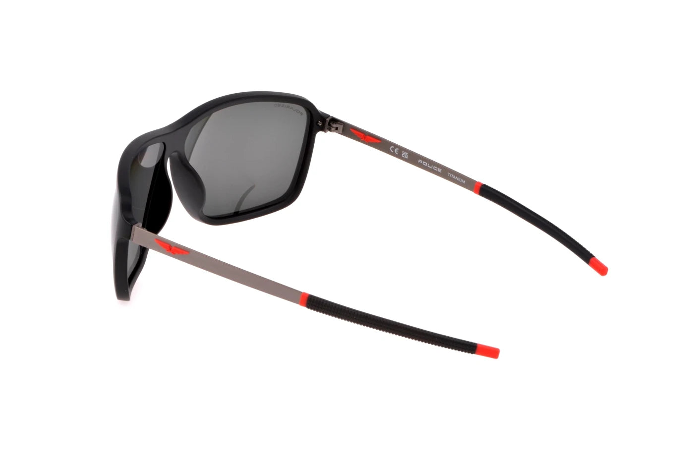 Police SPLL15 U28P matte black polarized sunglasses 65mm angled view