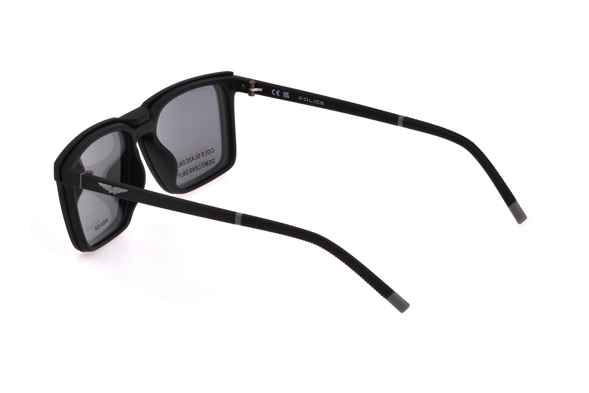 Police Solstice Lite UPLL75 U28P matte black clip-on eyeglasses 54mm angled view
