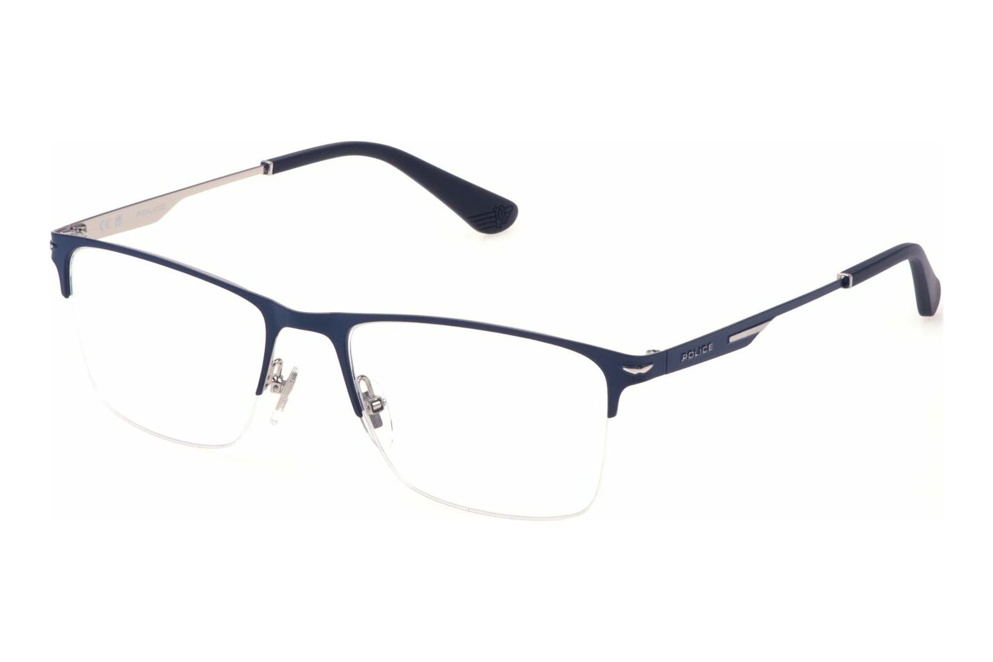 Police VPLN18 0696 shiny dark blue eyeglasses 56mm front view